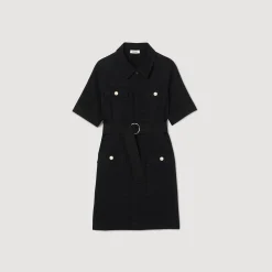 Robes*SANDRO Robe à Manches Courtes Bi Matières Noir