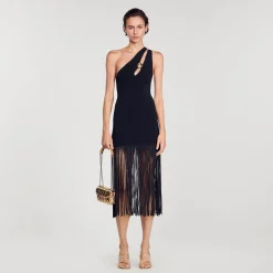 Robes*SANDRO Robe Asymétrique à Franges Noir