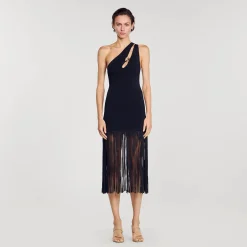 Robes*SANDRO Robe Asymétrique à Franges Noir