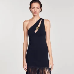 Robes*SANDRO Robe Asymétrique à Franges Noir