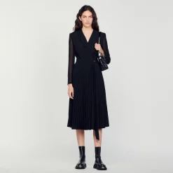Robes*SANDRO Robe Bi-matière à Manches Longues Noir