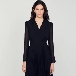 Robes*SANDRO Robe Bi-matière à Manches Longues Noir
