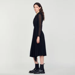 Robes*SANDRO Robe Bi-matière à Manches Longues Noir