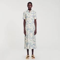 Robes*SANDRO Robe Chemise Fleurie Ecru / Bleu