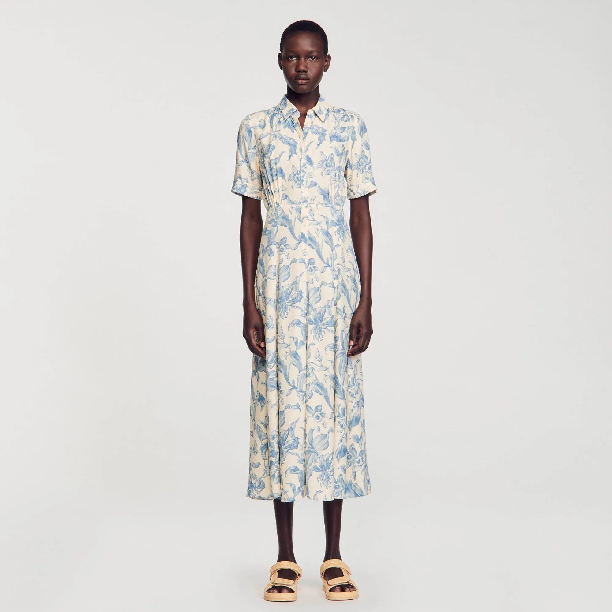 Robes*SANDRO Robe Chemise Fleurie Ecru / Bleu
