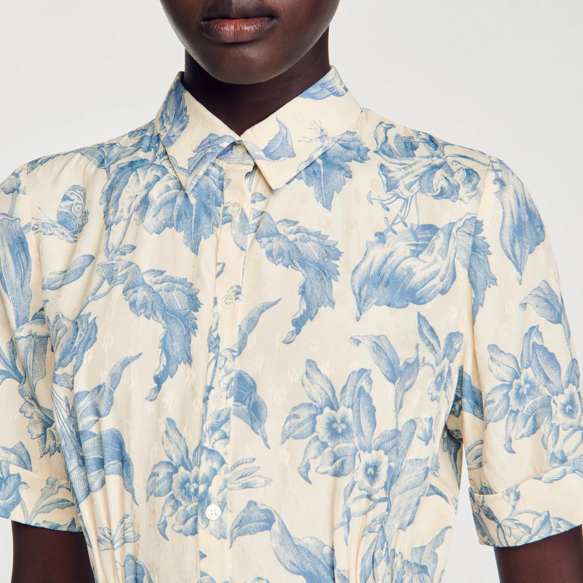 Robes*SANDRO Robe Chemise Fleurie Ecru / Bleu