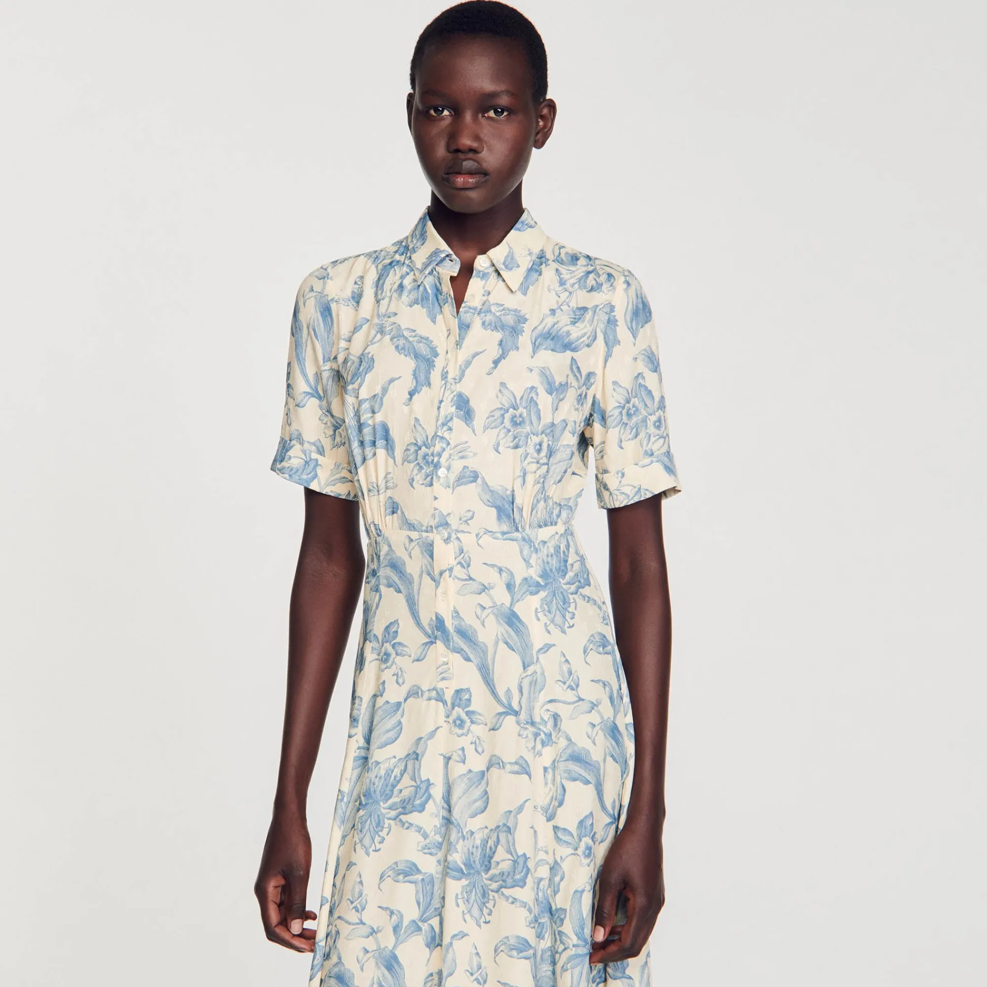 Robes*SANDRO Robe Chemise Fleurie Ecru / Bleu