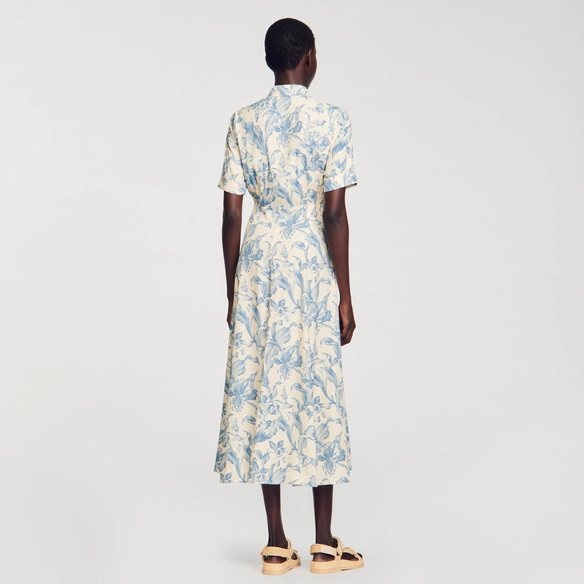 Robes*SANDRO Robe Chemise Fleurie Ecru / Bleu
