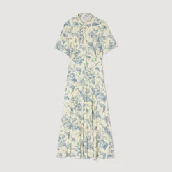 Robes*SANDRO Robe Chemise Fleurie Ecru / Bleu