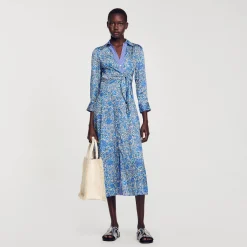 Robes*SANDRO Robe Chemise Midi à Imprimé Fleuri Bleu / Blanc