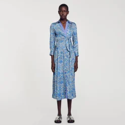 Robes*SANDRO Robe Chemise Midi à Imprimé Fleuri Bleu / Blanc