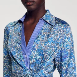Robes*SANDRO Robe Chemise Midi à Imprimé Fleuri Bleu / Blanc