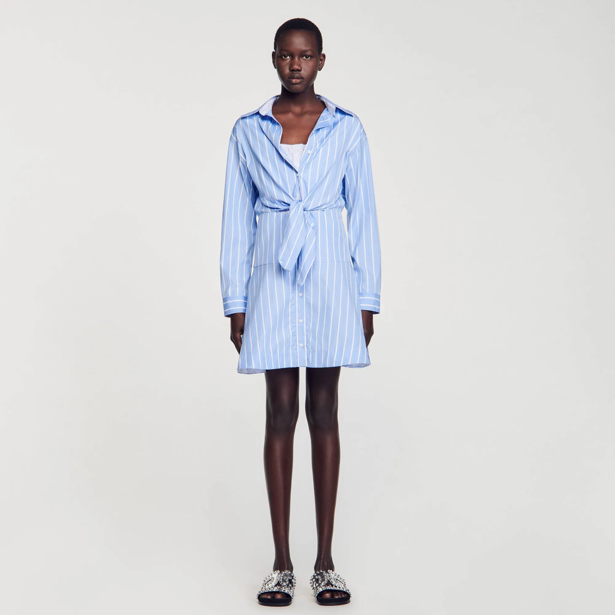 Robes*SANDRO Robe Chemise Nouée à Rayures Bleu / Blanc