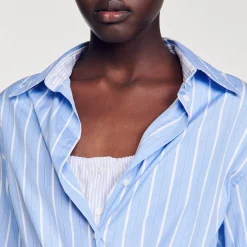 Robes*SANDRO Robe Chemise Nouée à Rayures Bleu / Blanc
