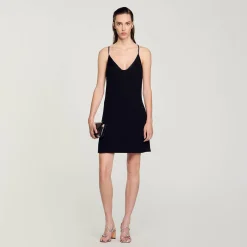 Robes*SANDRO Robe Courte à Bretelles Strassées Noir