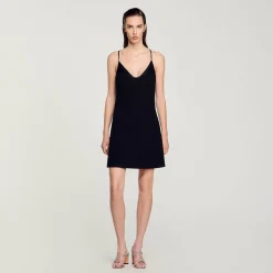 Robes*SANDRO Robe Courte à Bretelles Strassées Noir