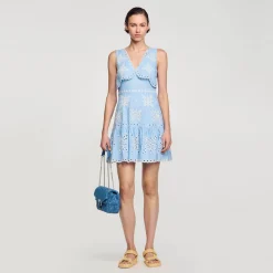 Robes*SANDRO Robe Courte à Broderies Anglaises Bleu Ciel