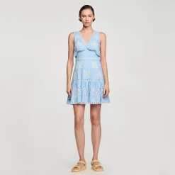 Robes*SANDRO Robe Courte à Broderies Anglaises Bleu Ciel