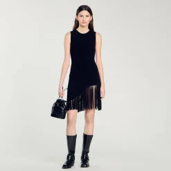 Robes*SANDRO Robe Courte à Franges Noir