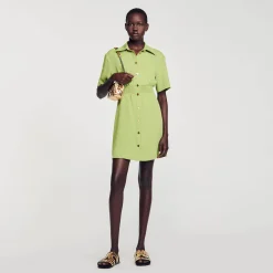 Robes*SANDRO Robe Courte Boutonnée Vert Olive