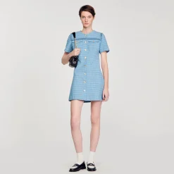 Robes*SANDRO Robe Courte Boutonnée En Tweed Bleu
