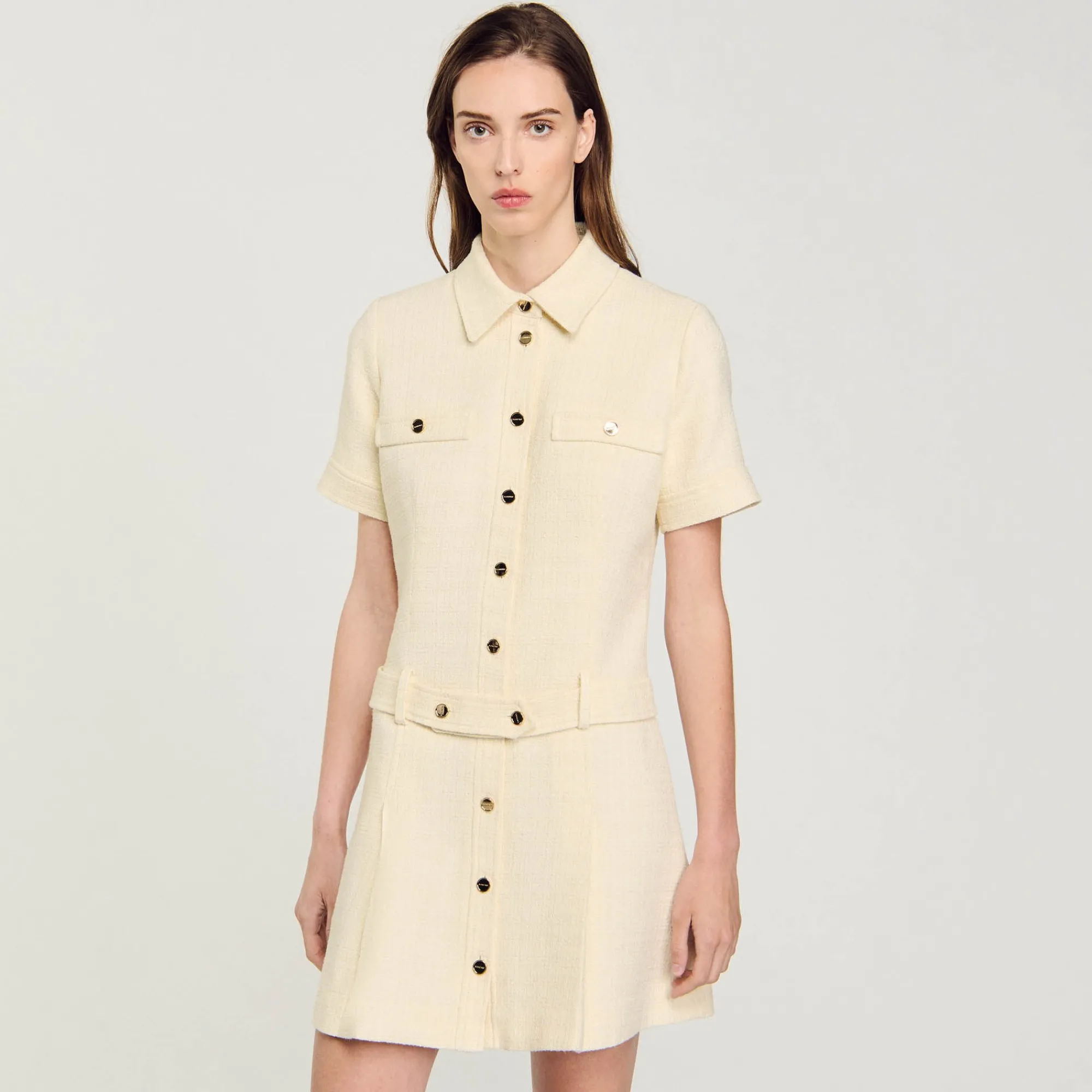 Robes*SANDRO Robe Courte En Tweed Ecru
