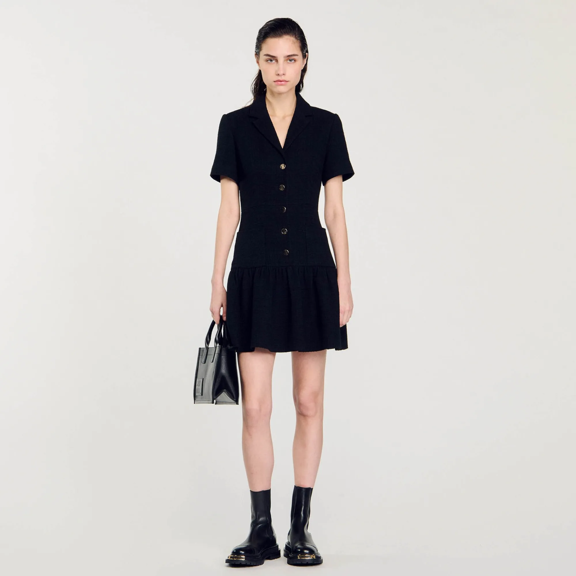 Robes*SANDRO Robe Courte En Tweed Noir