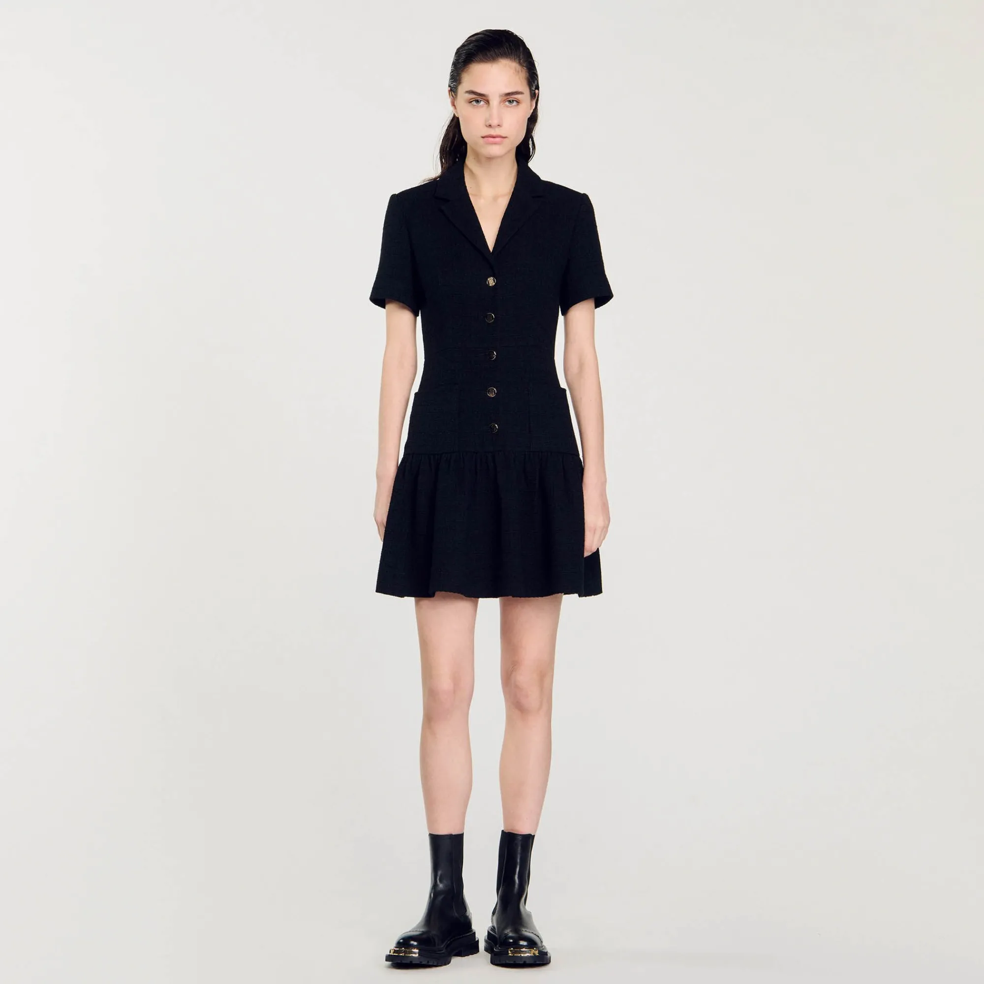Robes*SANDRO Robe Courte En Tweed Noir