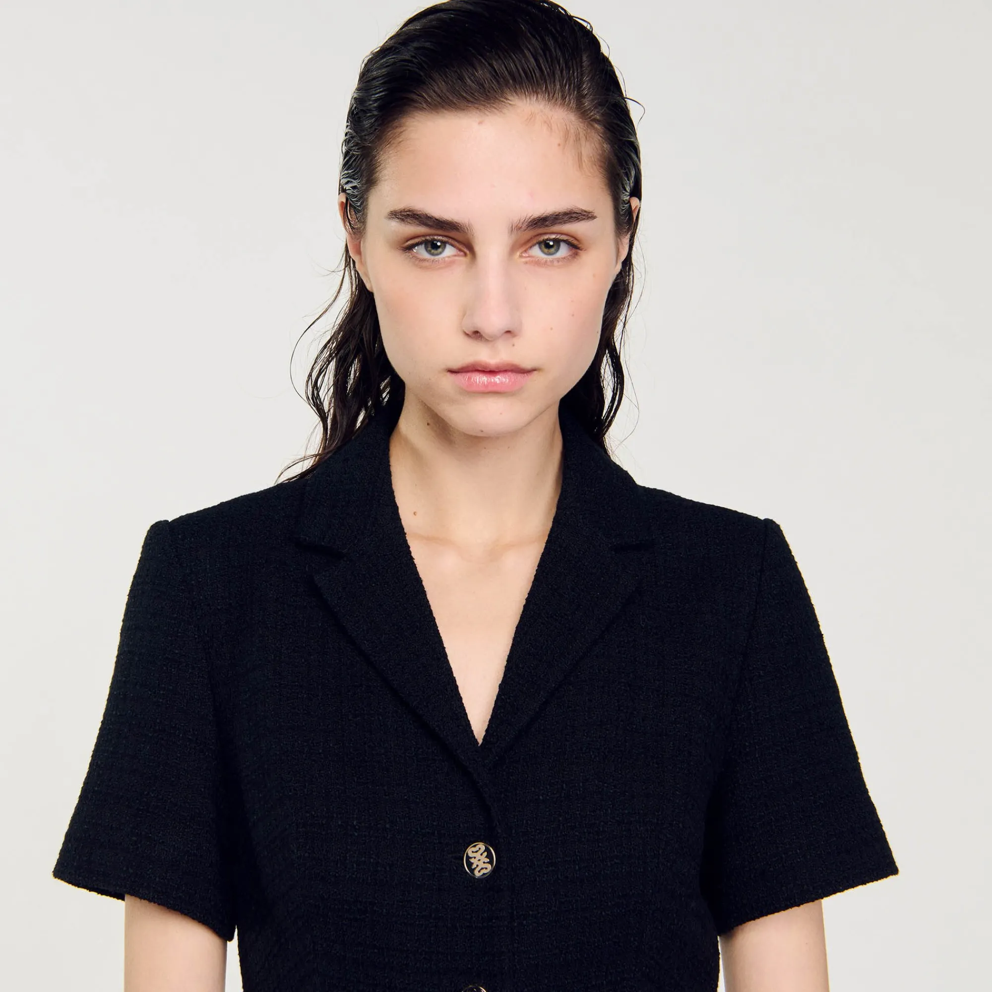 Robes*SANDRO Robe Courte En Tweed Noir