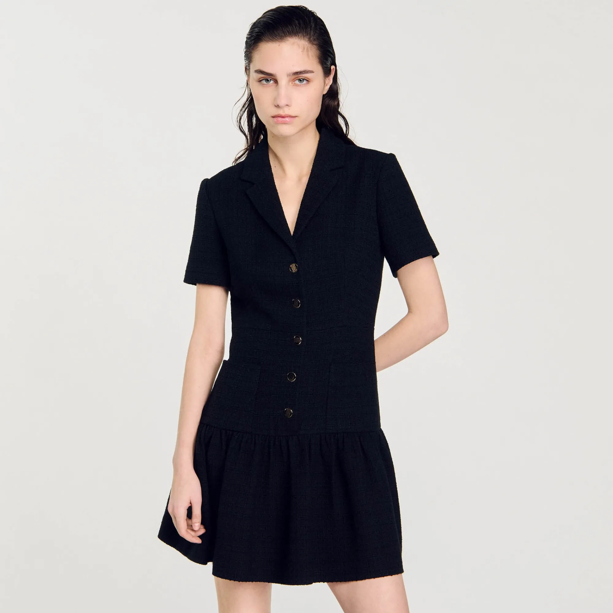 Robes*SANDRO Robe Courte En Tweed Noir