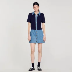 Robes*SANDRO Robe Courte En Tweed Et Denim Bleu