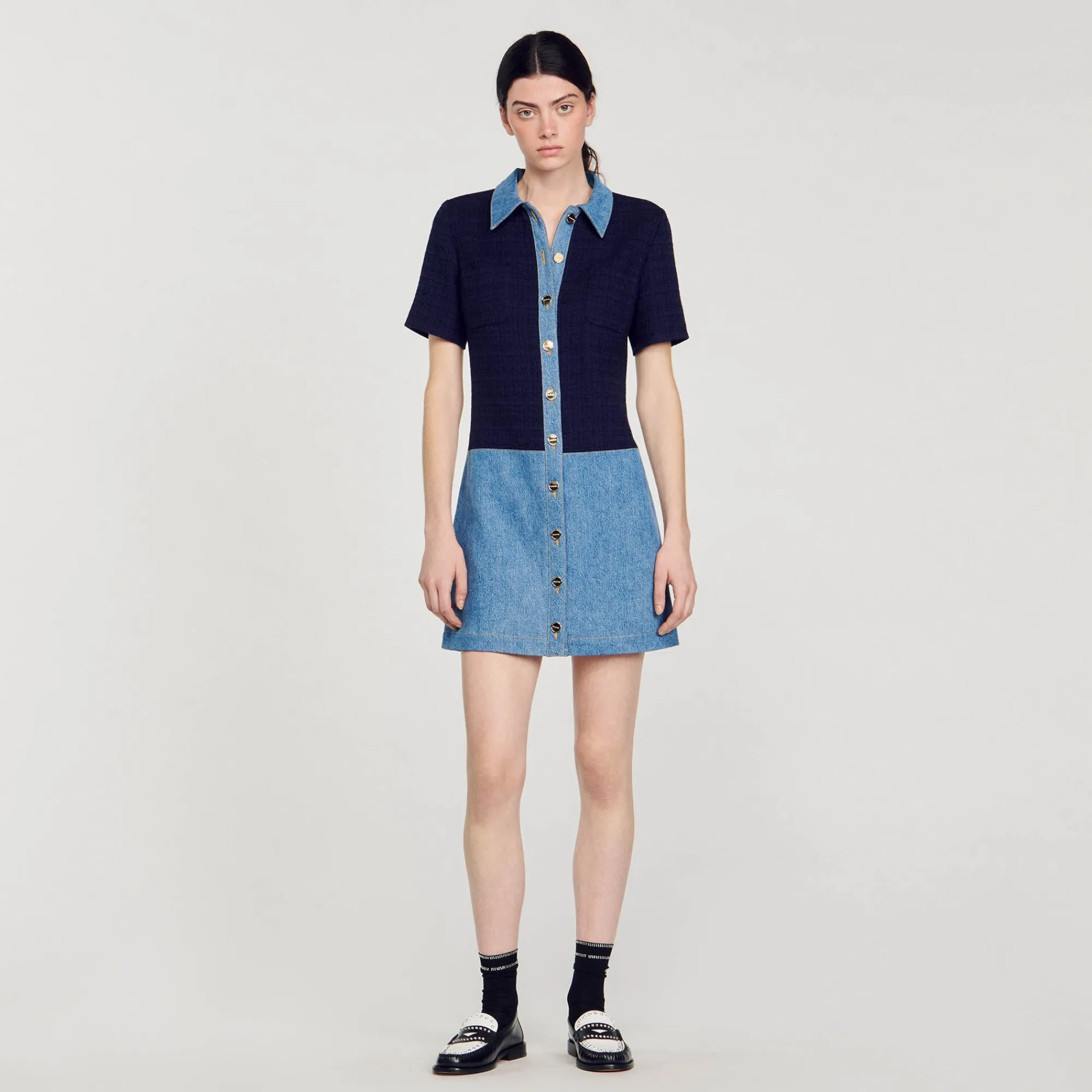 Robes*SANDRO Robe Courte En Tweed Et Denim Bleu