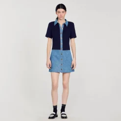 Robes*SANDRO Robe Courte En Tweed Et Denim Bleu