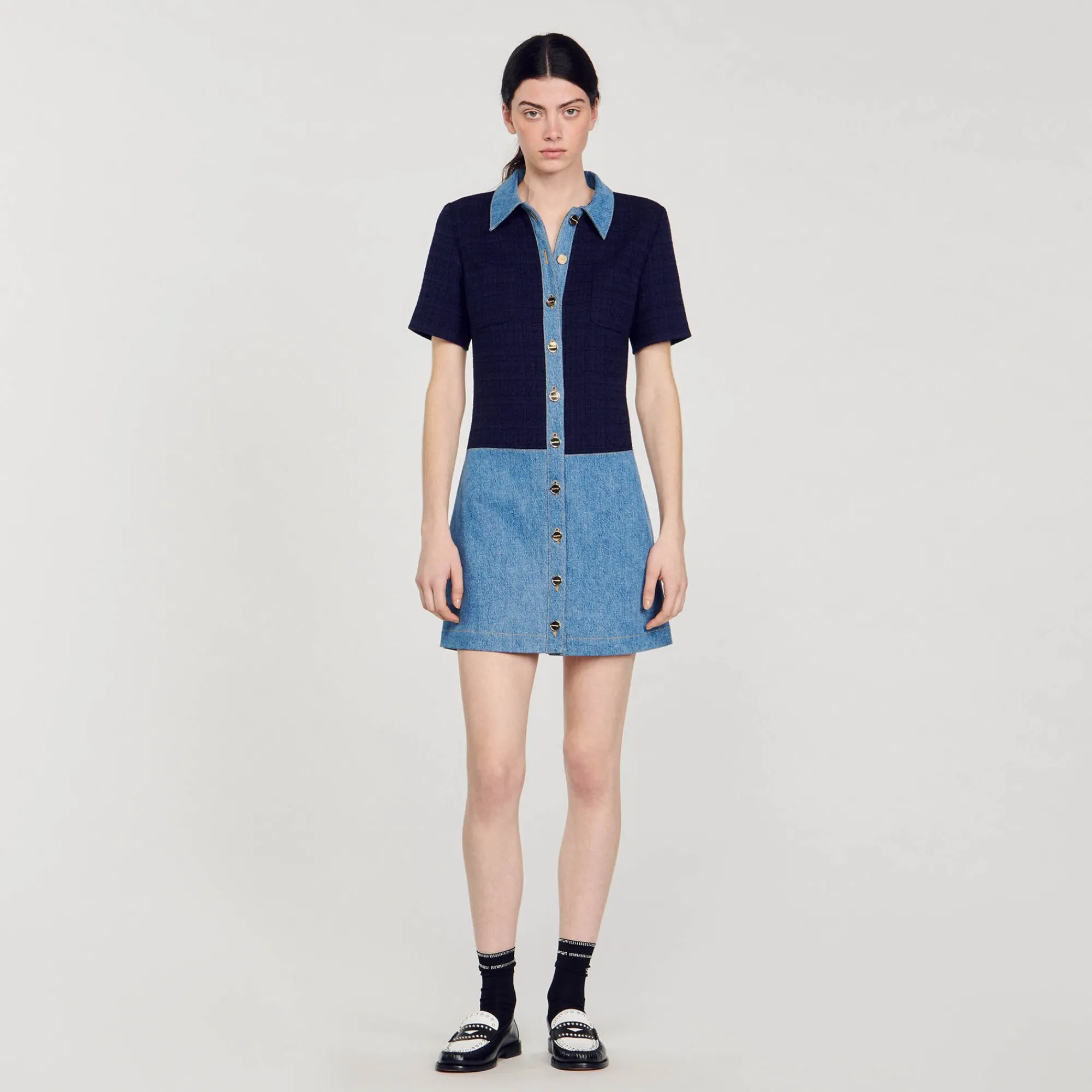 Robes*SANDRO Robe Courte En Tweed Et Denim Bleu