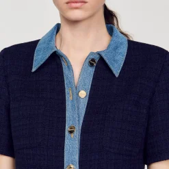 Robes*SANDRO Robe Courte En Tweed Et Denim Bleu