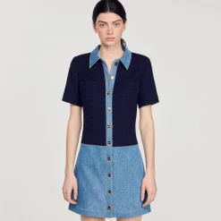 Robes*SANDRO Robe Courte En Tweed Et Denim Bleu