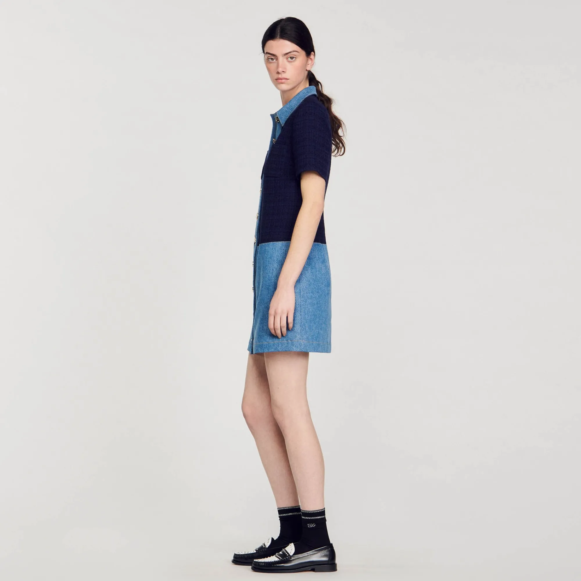Robes*SANDRO Robe Courte En Tweed Et Denim Bleu