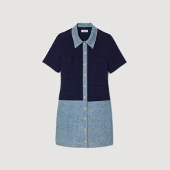 Robes*SANDRO Robe Courte En Tweed Et Denim Bleu
