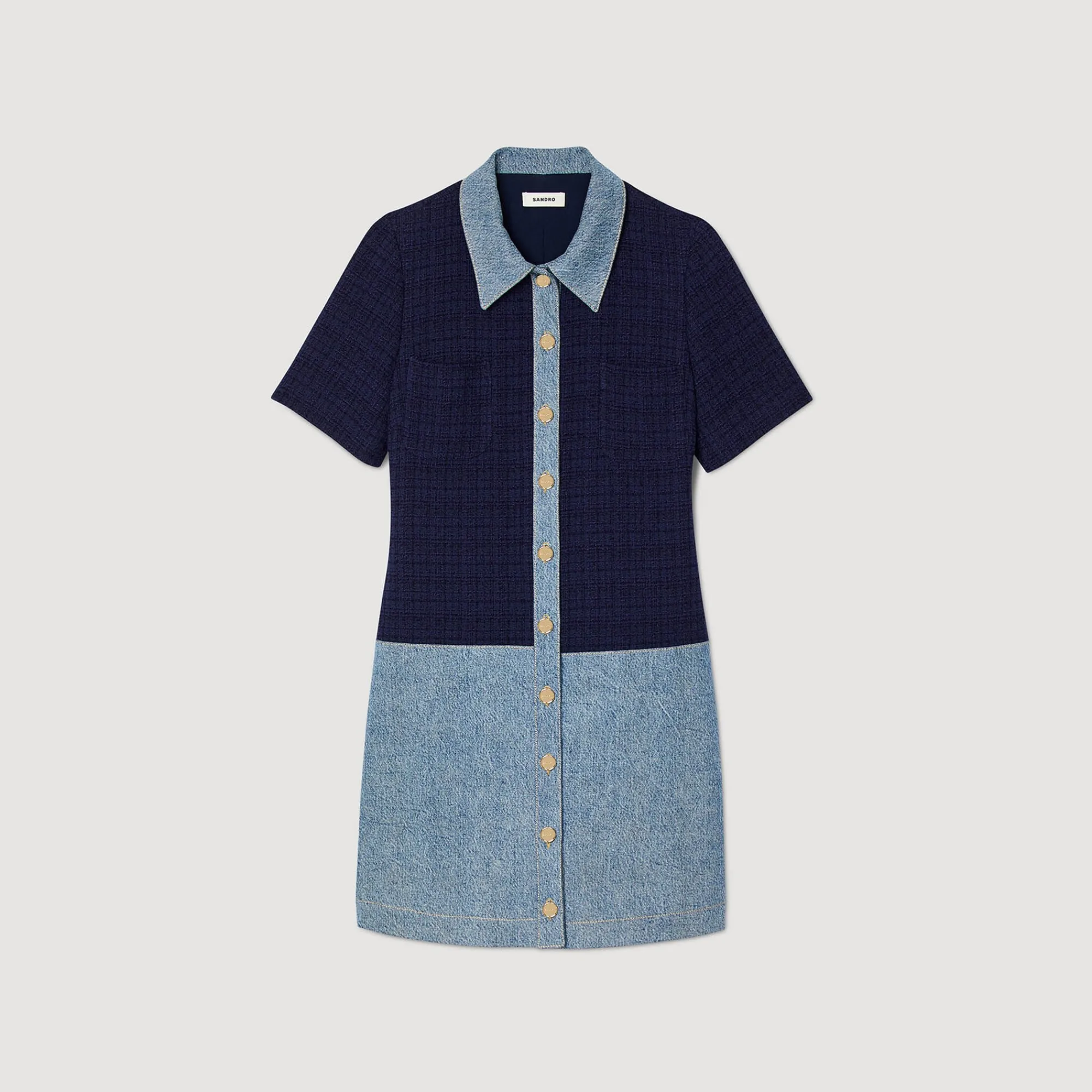Robes*SANDRO Robe Courte En Tweed Et Denim Bleu