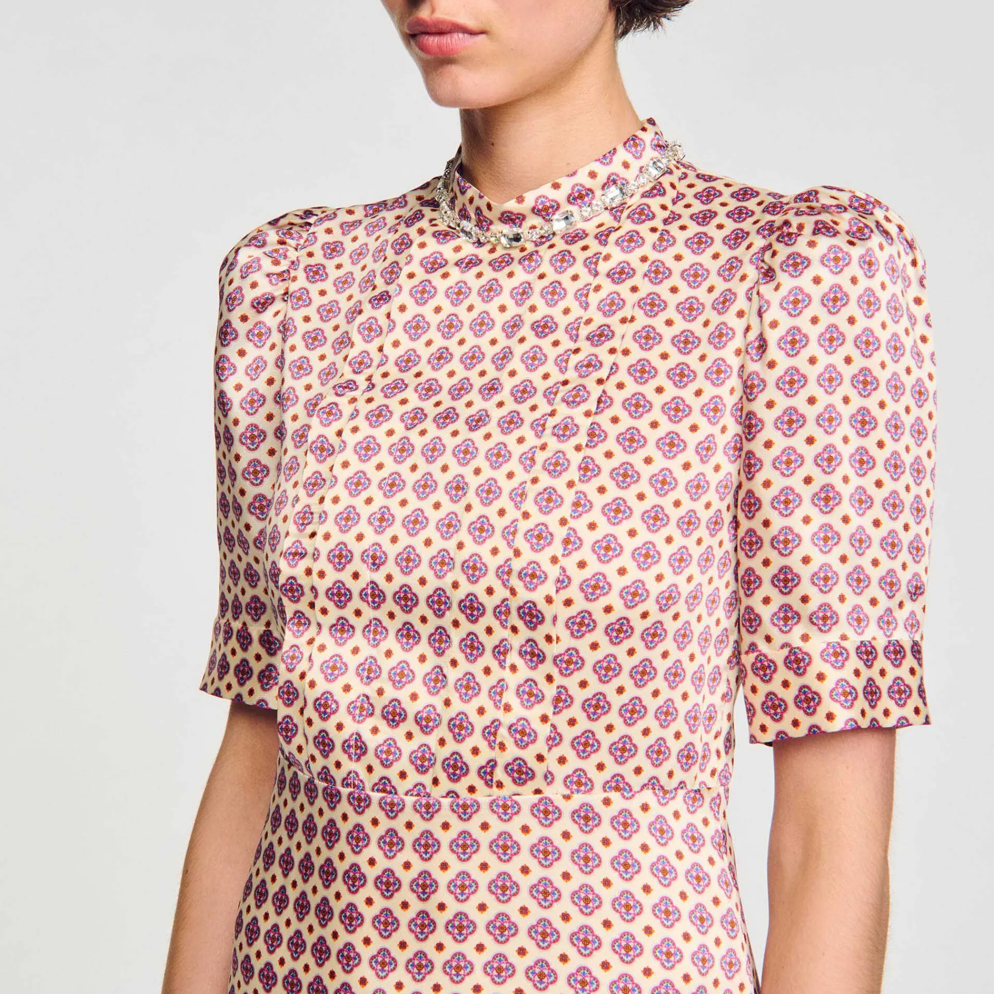 Robes*SANDRO Robe Courte Imprimée Ecru / Rose