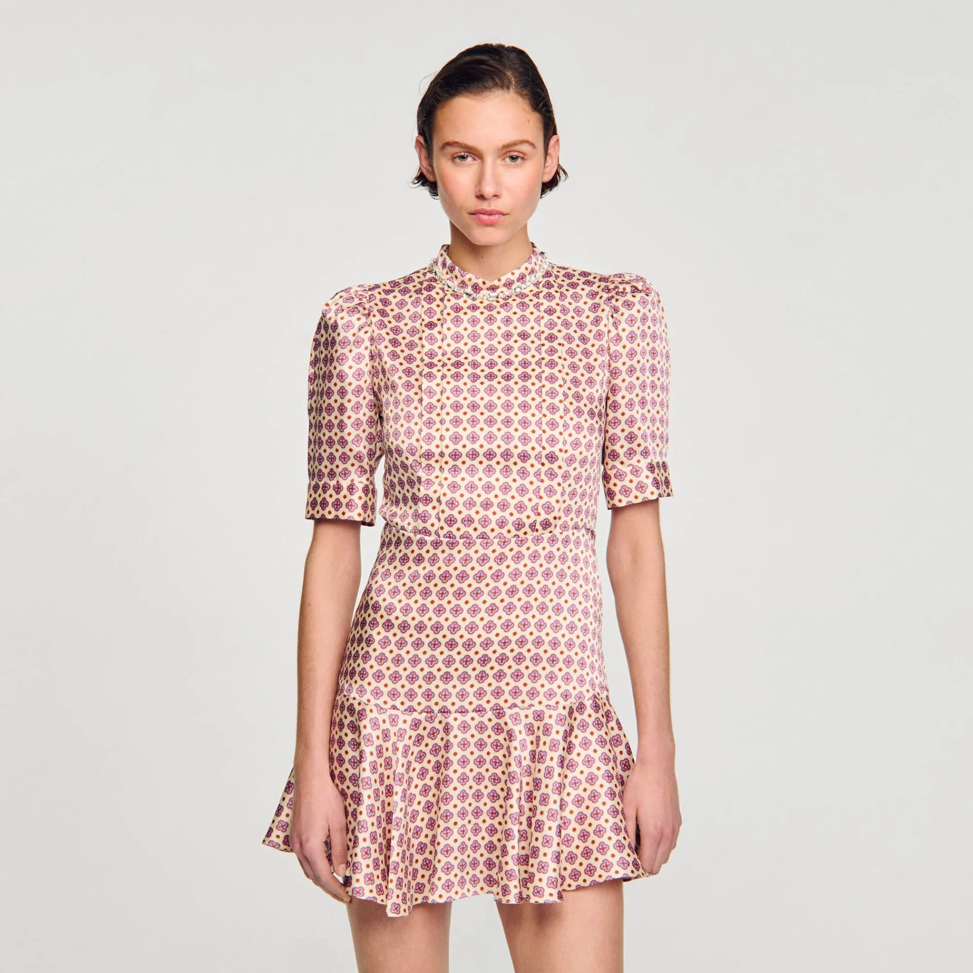 Robes*SANDRO Robe Courte Imprimée Ecru / Rose