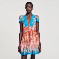 Robes*SANDRO Robe Courte Imprimée Rouge / Bleu