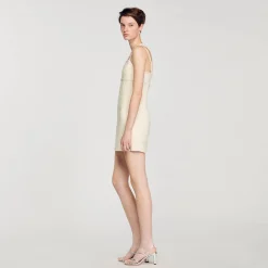 Robes*SANDRO Robe Courte Ornée De Perles Ecru
