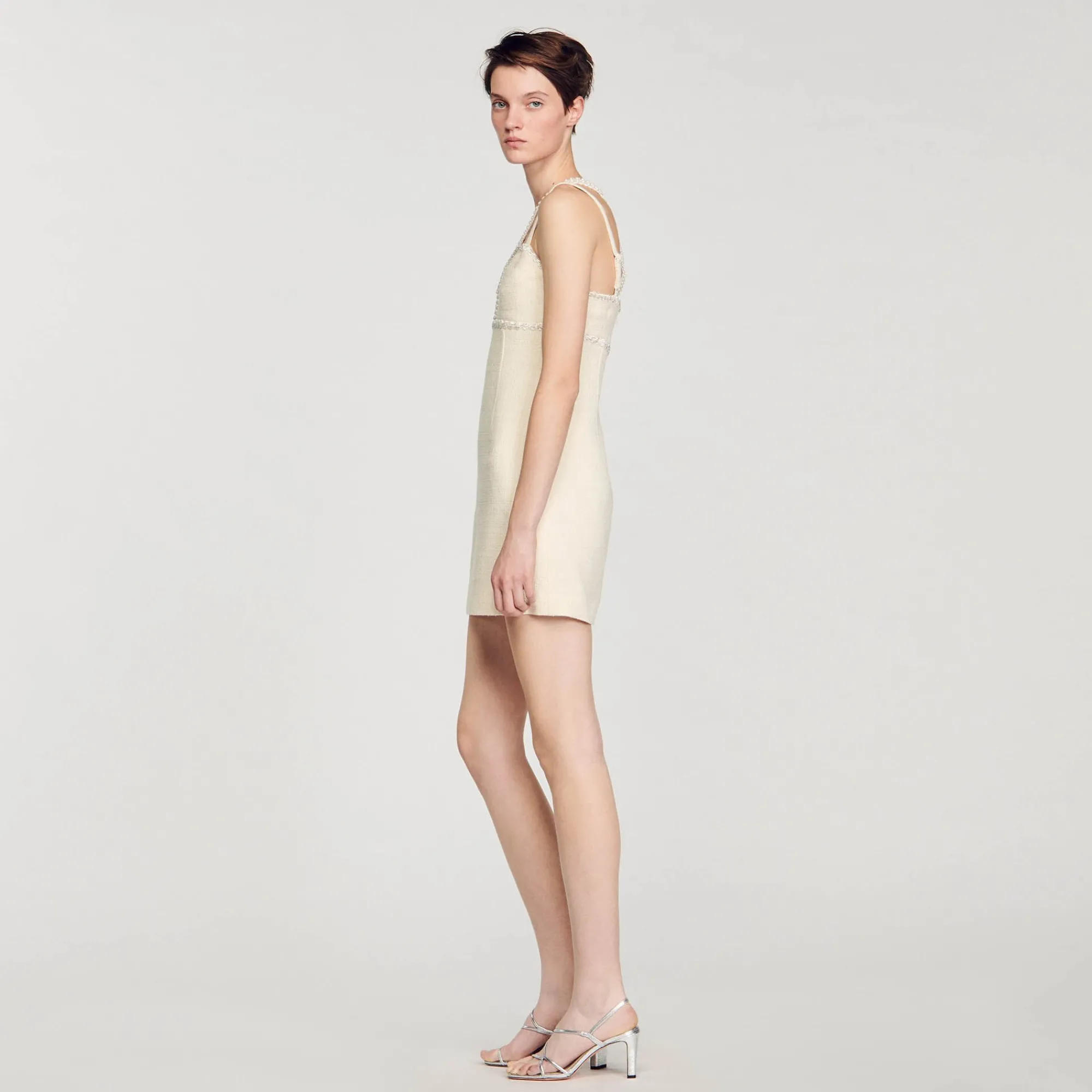 Robes*SANDRO Robe Courte Ornée De Perles Ecru