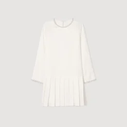 Robes*SANDRO Robe Courte Perlée En Satin Ecru