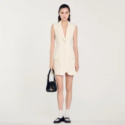 Robes*SANDRO Robe Courte Tailleur Plissée Ecru