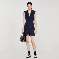 Robes*SANDRO Robe Courte Tailleur Plissée Bleu marine