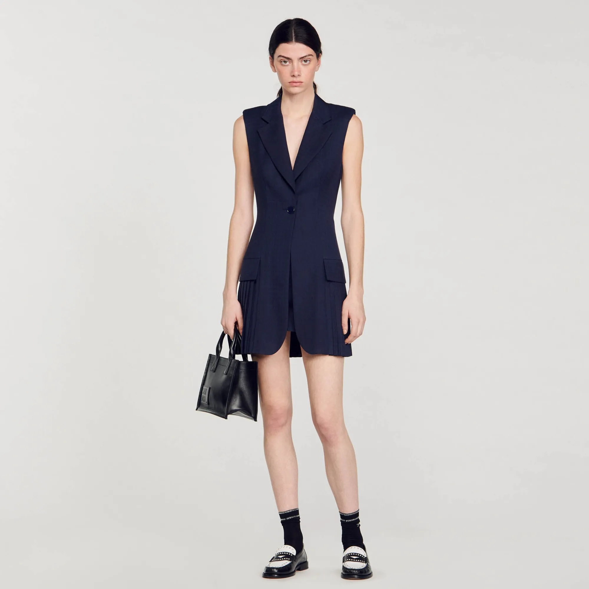 Robes*SANDRO Robe Courte Tailleur Plissée Bleu marine