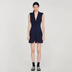 Robes*SANDRO Robe Courte Tailleur Plissée Bleu marine