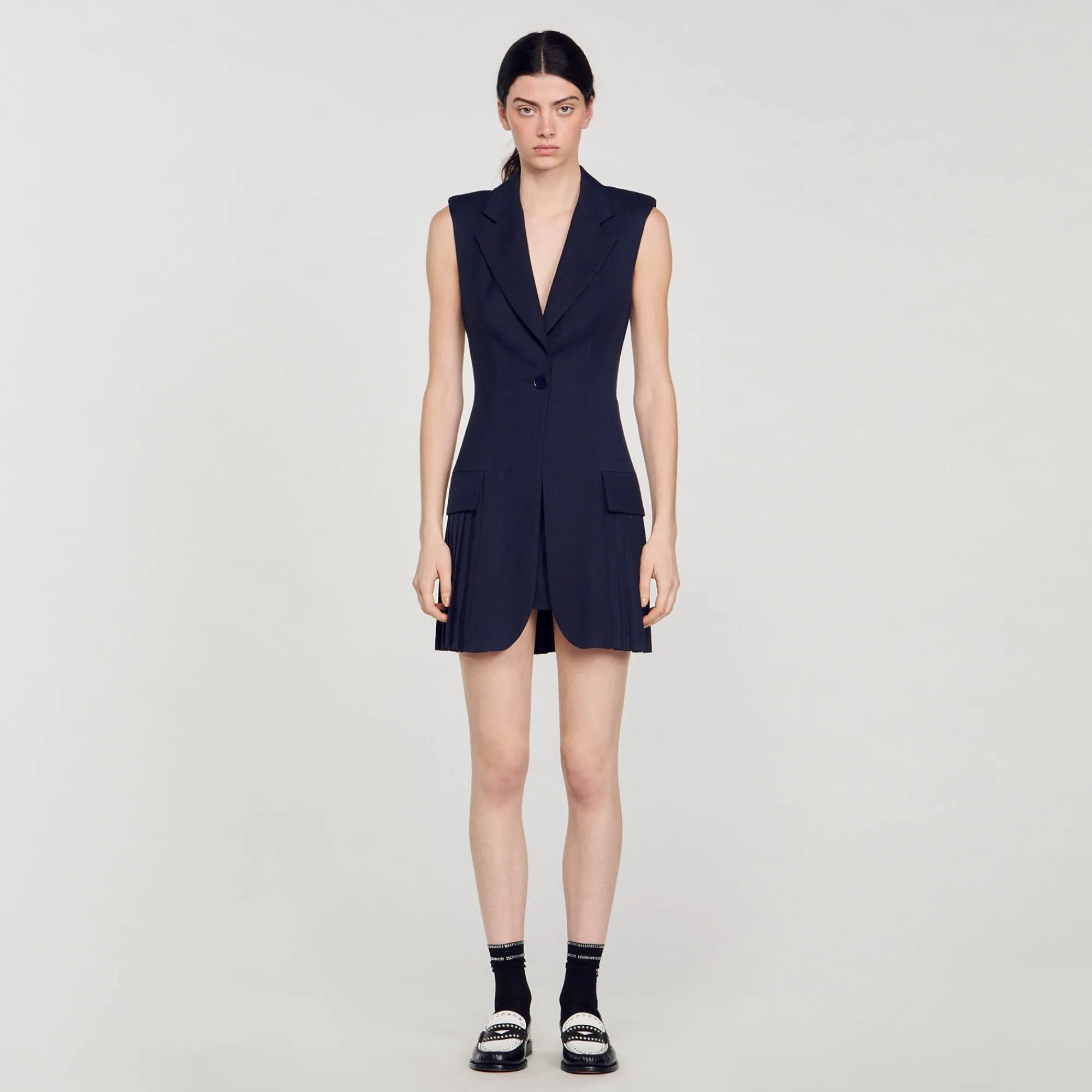 Robes*SANDRO Robe Courte Tailleur Plissée Bleu marine